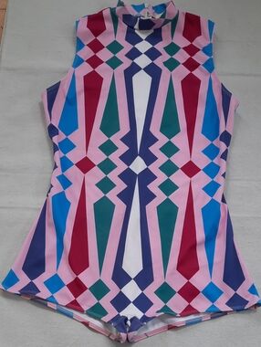 Sky Eagle Native Print Geometric Pink Multi-Color Swimsuit. High Neck, Low Legs